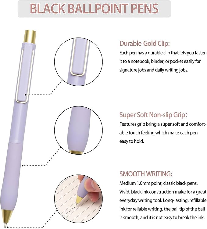 Linbsunne Ballpoint Pens Black Ink Pen 1.0mm Medium Point with Super Soft Grip(12-count)