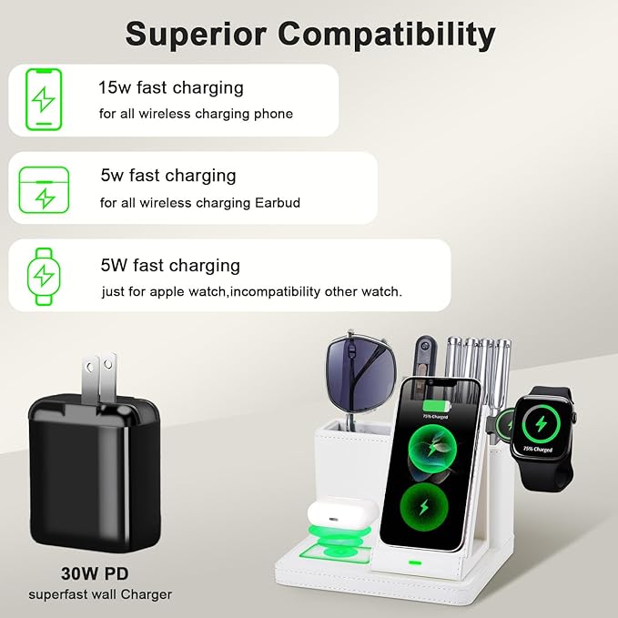 Leather Desk accessories Pen Holder with 3-in-1 Wireless Charger for Phone, Earbuds, Watch Multifunctional Desktop Phone Stand for Office and Home,birthday gifts,gifts for him (white)