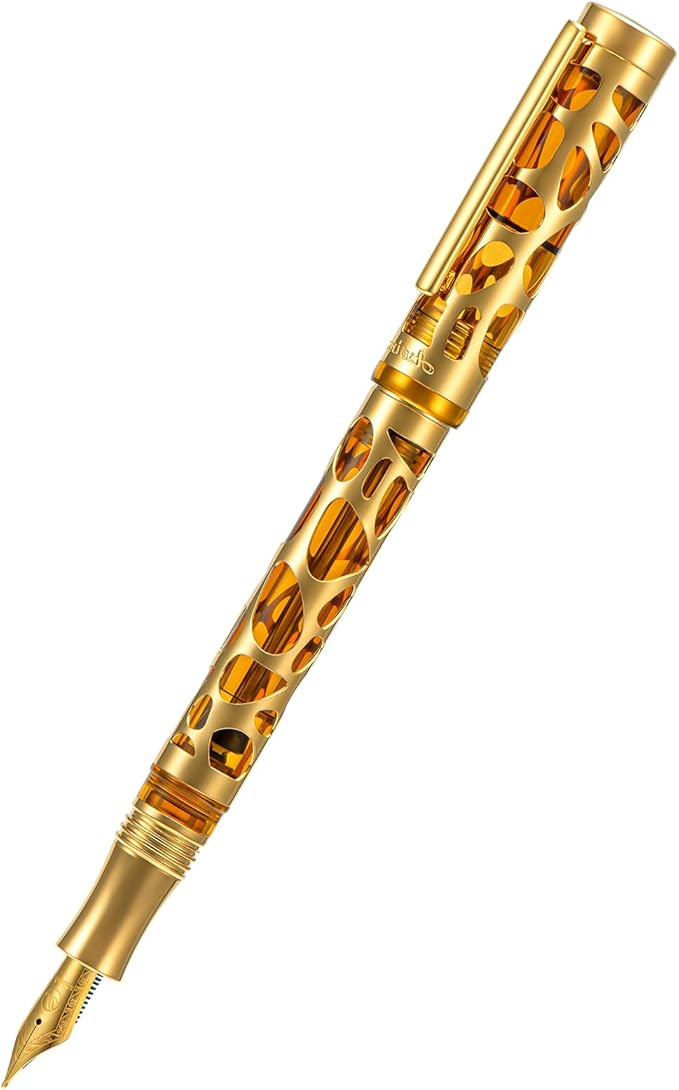 Asvine V169 Vacuum Filling Fountain Pen Medium Nib, Water Drop Skeleton Gold Trim Transparent Coffee Acrylic Pen Case Set