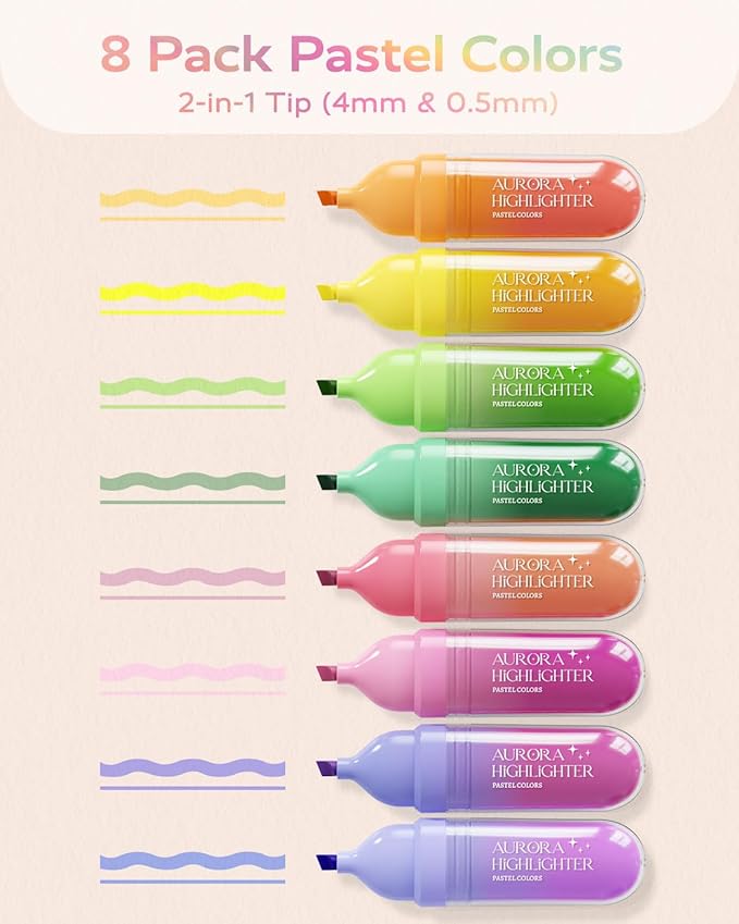 Four Candies 8 Pcs Highlighters Assorted Colors, Cute Pastel Highlighter Set, Quick-Dry, Soft Chisel Tip, No Bleed Bible Highlighter, Aesthetic Highlighters for School, Christmas