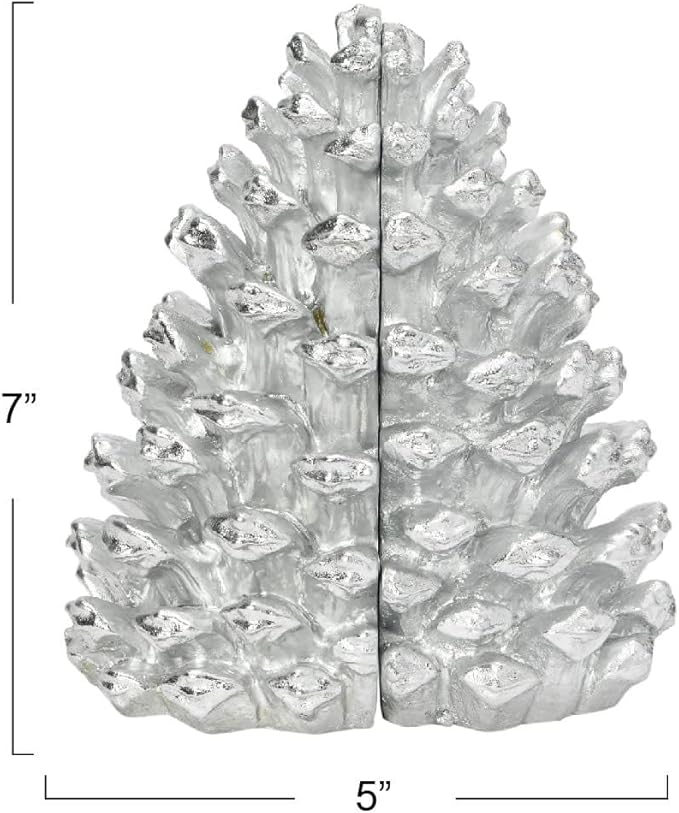 Creative Co-Op Decorative Resin Pinecone Bookends, Silver Finish, Set of 2