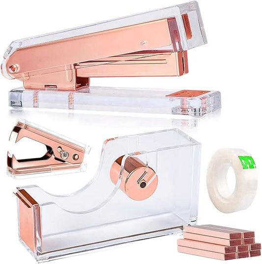 Acrylic Rose Gold Tape Dispenser Desktop Stapler, Acrylic Office Supplies Includes Staple Remover, Tape, 1000pcs Staples Desk Accessory Kit, Modern Clear Stationery Kit for Everyday Office Needs