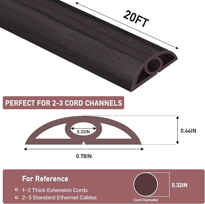 Floor Cord Cover Self Adhesive Cord Hider Floor Extension Cord Covers for Floor Power Cord Protector Cable Management Prevent Cable Trips Cable Cavity 0.32" W x 0.32" H (Dark Walnut, 20Ft)