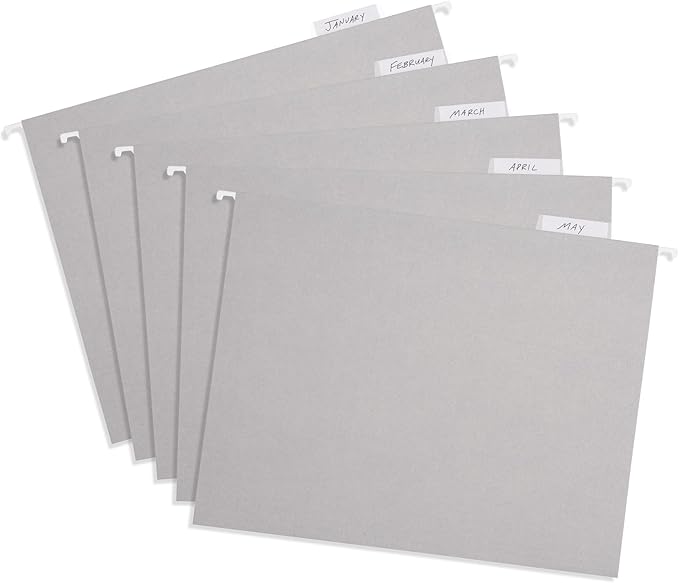 25 Blue Summit Supplies Grey Hanging File Folders Letter Size - Durable 11pt Paper, Hanging File Folders Gray, Plastic Tabs and Inserts Included, Perfect for Office Organization