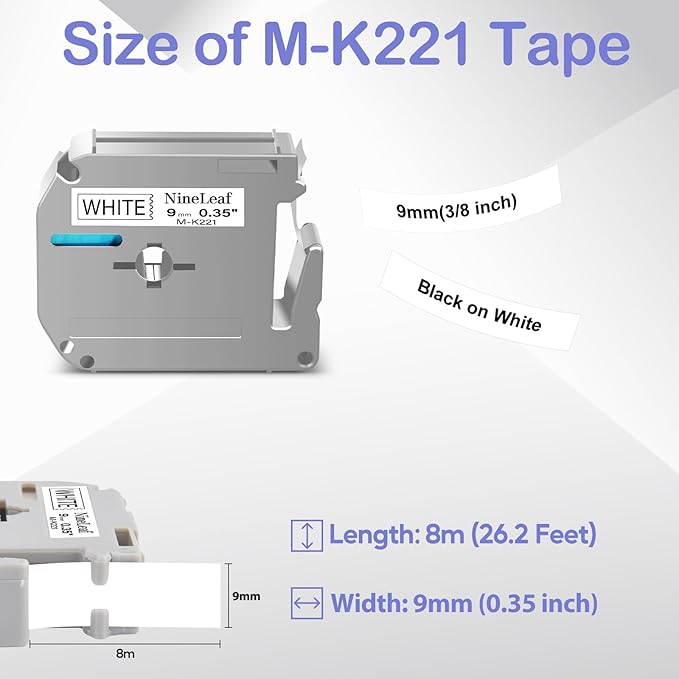 NineLeaf 4 Pack Compatible for Brother P-Touch M-K221 MK221 M221 White M Tape 9mm 3/8 Inch Black on White Label Tape for PT-M95 PT-80 PT-90 PT-70 PT-55 PT-65 PT-85 PT-45 PT-70BM PT-100 Label Maker