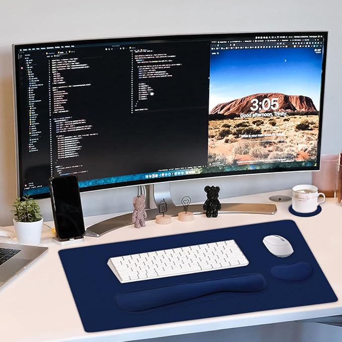 Large Keyboard Mouse Pad Set, Extended Mouse Pad+Keyboard Wrist Rest Support, Memory Foam Ergonomic Easy Typing, 4Pcs (35.4×15.13 in) Desk Pad Set for Home Office Study Game - Dark Blue