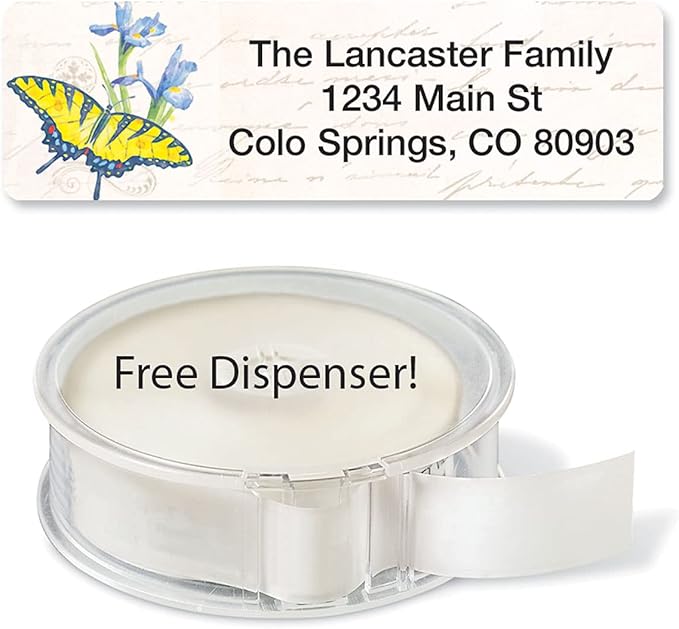 Butterflies & Flowers Rolled Personalized Return Address Mailing Labels with Dispenser, Set of 250, 5 Designs, Small ¾ x 2½ Inch Size, Custom Self-Adhesive Sticker Roll, by Colorful Images