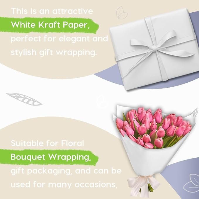 PerkHomy 24" x 2,400" (200') White Kraft Paper Roll for Craft Bulletin Board Paper Art Table Covering Crafting Gift Wrapping Bouquet Packing Parcel 80GSM 55LB (White, 24" x 200')