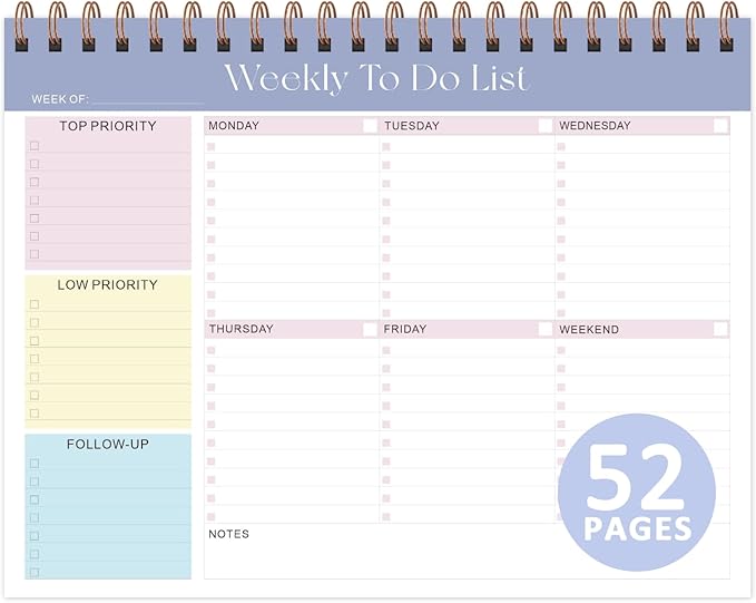 Weekly To Do List Notepad, Undated Planner with 52 Sheets (8.5''x11''), Desk Weekly Planner for Women & Man, Home School & Work (Purple)