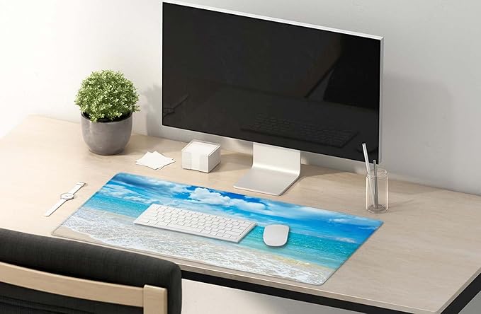 SSOIU Gaming Mouse Pad, Extended Mouse Pad, 35.5x15.7inch XXL Large Big Computer Keyboard Mouse Mat Desk Pad with Non-Slip Base and Stitched Edge for Home Office Gaming Work, Beaches Sunny Day
