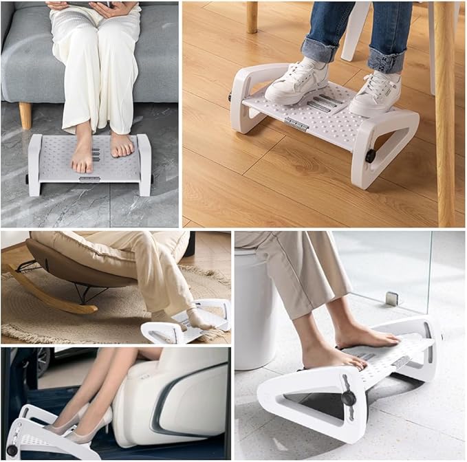 Foot Rest for Under Desk At Work - Six Heights Adjustable Under Desk Footrest - Ergonomic Foot Stools for Under Office Desks - Desks Foot Rest with Massage Rollers - Leg Rest for Chair (White)