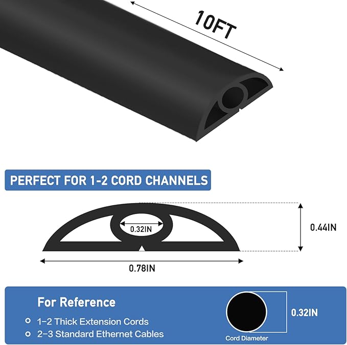 Floor Cord Cover Self Adhesive Cord Hider Floor Extension Cord Covers for Floor Power Cord Protector Cable Management Prevent Cable Trips Cable Cavity 0.32" W x 0.32" H (Black, 10Ft)