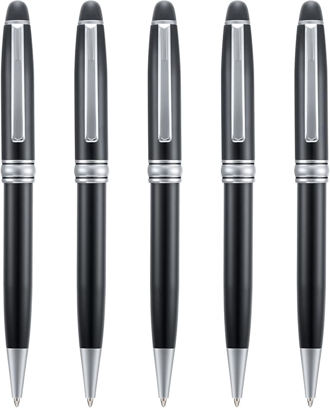 5 PCS Black Ballpoint Pens with Extra Refills Set, 1mm Medium Point Black Ink, Great Smooth Writing Metal Pen for Business Office Teacher Student Wedding Guest Gift (SilverTrim)