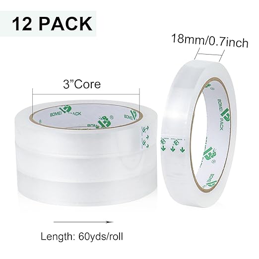 BOMEI PACK 12Rolls Clear Tape Refills for Dispenser, Transparent Gift Wrap Tape 3inch Core for Home, Office and School, 3/4inch x 60yds
