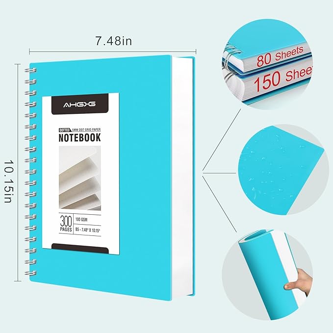 AHGXG Bullet Dotted Journal Spiral Notebook - 300 Pages Dot Grid Notebook B5 Thick Journal, 100GSM Thick Dotted Paper, Plastic Hardcover, with Journal Stencils, 7.3"X 10" - Blue