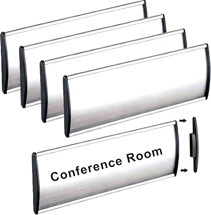 5 Pcs Office Name Plates Holder for Doors, 3 Inches x 8 Inches Curved Wall Mount Door Sign Holder, Silver Aluminum Sign Holder for Office Wall with Plastic Film and Adhesive Tape