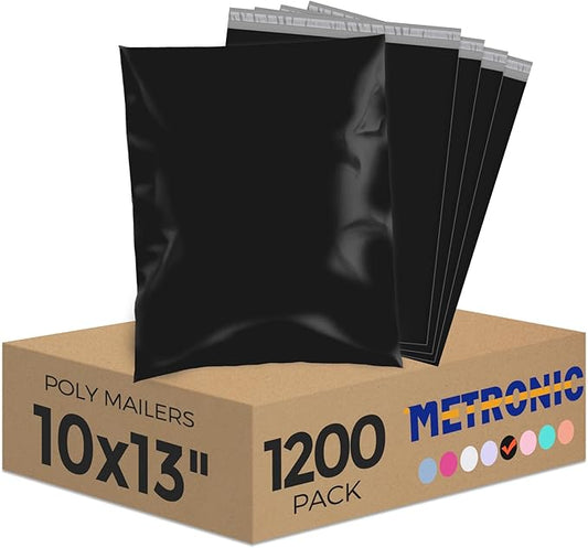 Metronic Poly Mailers 10x13 1200 Pcs, Medium Shipping Bags for Clothing, Strong Adhensive Shipping Envelopes for Small Business, Waterproof Poly Mailing Bags, Tear-resistant Packaging Bags in Black