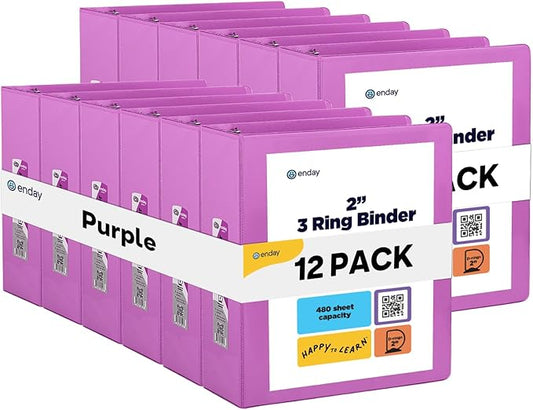 3 Slant D-Ring Binder 2 Inch Binder Purple, 2 in Clear View Cover w/ 2 Inside Pockets, Heavy Duty Colored School Supplies Binders Also Available in Blue, Pink, Red, Green, Grey (12 PC)–by Enday