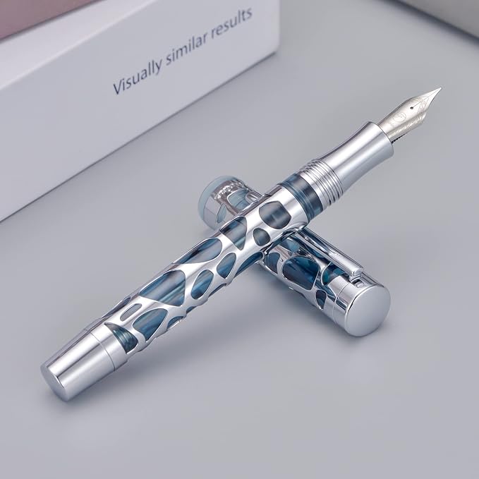 Asvine V169 Vacuum Filling Fountain Pen Extra Fine Nib, Water Drop Skeleton Transparent Gray Blue Acrylic Pen Case Set