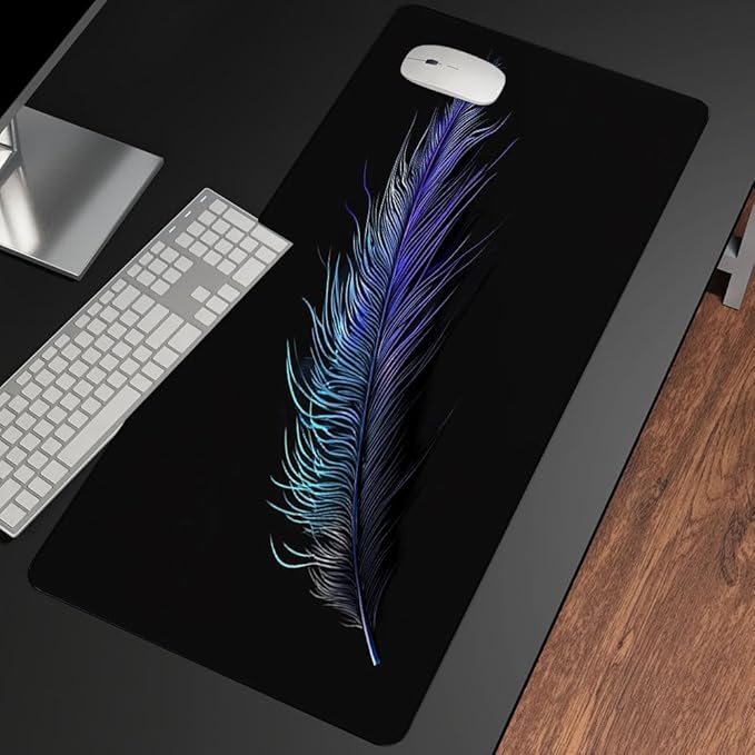 Mrcrypos Large Mouse Pad Blue Feather Desk Mat for Desktop, Waterproof Desk Pad with Stitched Edges, Computer Keyboard Gaming Mouse Pads for Women Office Home 31.5" x 15.7"