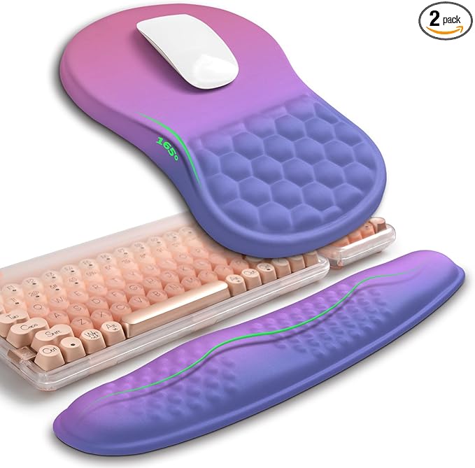 Hokafenle 2in1 Combination, Wave Keyboard Wrist Rest and Ergonomic Curvature Mouse Pad Wrist Support for Relieve Wrist Pain, Filled with Soft Cushion Memory Foam, Gradient Blue Purple