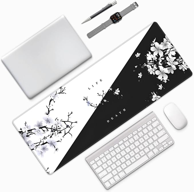 Japanese Life Death Keyboard Mat, Black White Japanese Anime Gaming Mouse Pad for Desk with Anti-Slip Rubber Base and Stitched Edges, Japanese Sakura Pagoda Sun Mouse Pad