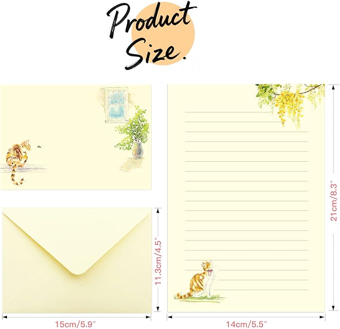 36PCS Cat Theme Stationery Set, Warm Yellow Healing Style Letter Writing Paper with Cute Kitty Illustrations and Envelopes for Letters, Invitations, Holiday Greetings, Party Notes and Gifts