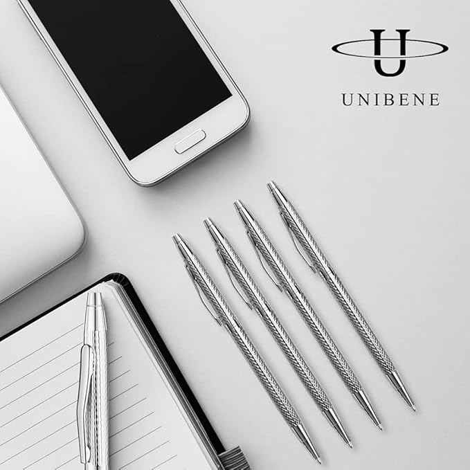 Unibene Slim Metallic Retractable Ballpoint Pens - Carved Silver, Nice Gift for Business Office Students Teachers Wedding Christmas, Medium Point(1 mm) 6 Pack-Black ink