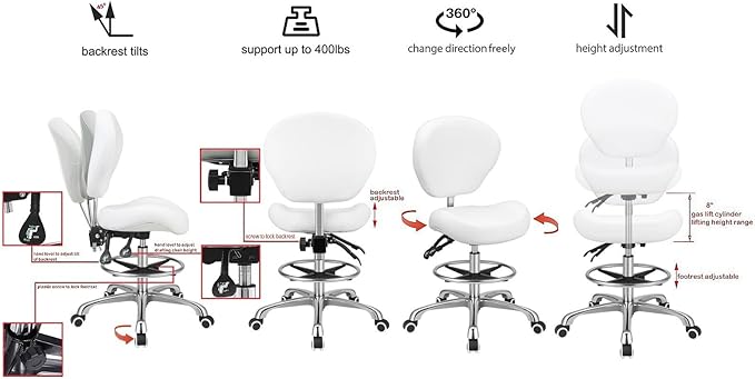 Kaleurrier Adjustable Height Drafting Stool Drafting Chair with Backrest & Foot Rest,Swivel Rolling Stools for Work Studio Dental Office Salon Kitchen Counter Tall Home Desk Chairs (White)
