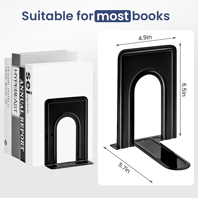 HappyHapi Book Ends, Metal Bookends for Shelves, Non-Skid Book End to Hold Books, Black Book Stopper/Holder for Office Home Kitchen, 5.7X 4.9 X 6.5 in, 3 Pair(6 Pcs, Large)