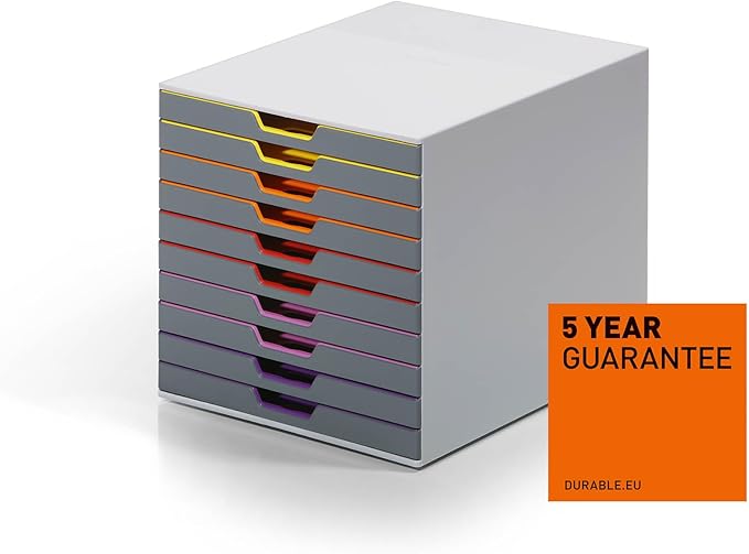 Durable Varicolor 10 Drawer Unit - Gray Desktop Drawer Set with 10 Color Coded Draws - Letter to Folio Size Files - Perfect for Storing Documents and Paper Work