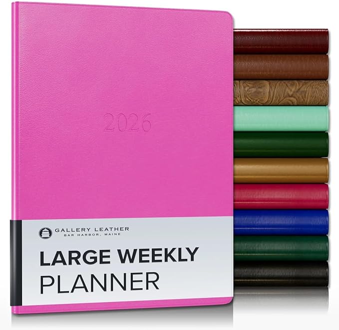 Gallery Leather Large Weekly Monthly Planner 2025-2026, Elegantly Bound Calendar Planner and Notebook with Stylish Gold-Gilded Page Edges, 12 Months - Caribbean Fuchsia - 9.75 x 7.5 "
