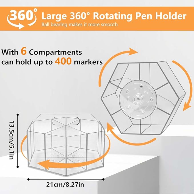Pen Holder for Desk Acrylic, Large 6 Slots 360-Degree Rotating Marker Organizer Pencil Holder, Caddy Art Supply Organizer Crayon Organizers for Office School