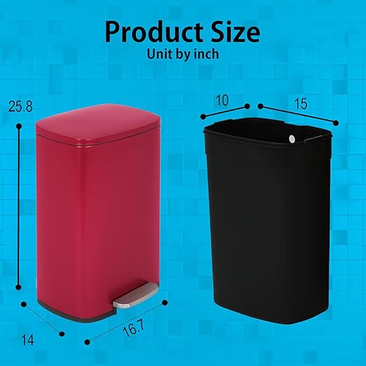 PayLessHere Stainless Steel Trash Can with Lid - Removable Inner Bucket, Foot Pedal, Soft Close for Office, Home, Kitchen (Red, 13 G)