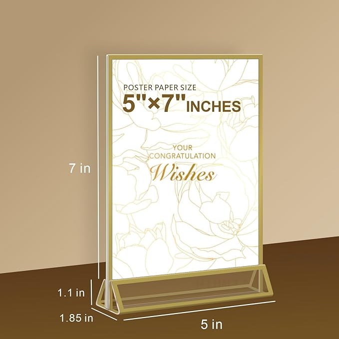 Acrylic Sign Holder 5x7 - Gold Acrylic Double-Sided Picture Frame Display Stand, Clear Table Tent Menu Holder & Plastic Paper Holder - Vendor Booth Display Items for Wedding Business Store Party