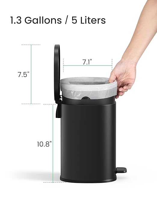 Cesun Black Bathroom Trash Can with Lid, 1.3 Gallon Small Garbage Can with Foot Pedal, Metal Round Wastebasket for Bathroom, Bedroom, Office, Matte Black