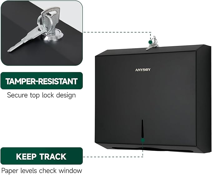 Wall Mount Paper Towel Dispenser 250-Sheet Capacity Matte Black Stainless Steel Lockable Fits Multifold/Z-Fold Towels (Folded Size ≤ 10.6" x 3.9")