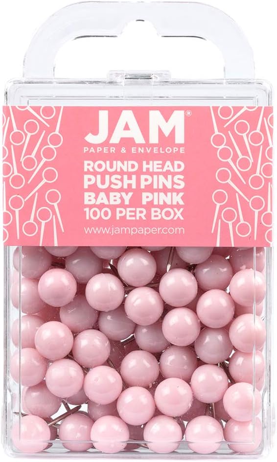 JAM PAPER Colorful Push Pins - Round Head Map Thumb Tacks - Baby Pink Pastel Pushpins - 100/Pack