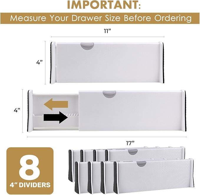RAPTUROUS 4" Tall Drawer Dividers, 8-Pack, 11-17" Long, Expandable & Adjustable, Strong & Sturdy Non-Slip Dividers for Dresser, Closet, Kitchen, Nursery, and Office (White)
