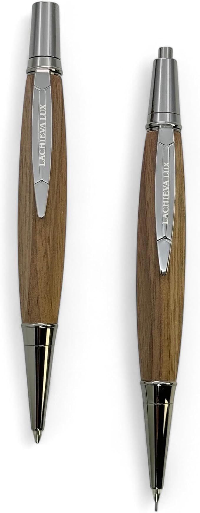 LACHIEVA LUX Walnut Wood Ballpoint Pen and Mechanical Pencil Set – Triangle Grip, Luxury Gift for Men and Women, Includes Refills and Gift Box