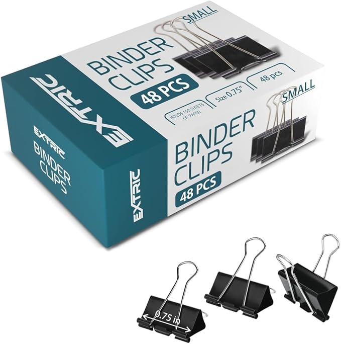Binder Clips - 48 Small Binder Clips, 0.75 Inch Black Paper Clamps, File Clip for Home, Office and School Supplies