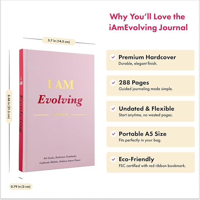 iAmEvolving Journal – Guided Gratitude & Goal Planner with Habit Tracker, Mindfulness Prompts & Daily Reflection | Undated 6-Month Self-Care & Wellness Notebook for Personal Growth (Misty Rose)
