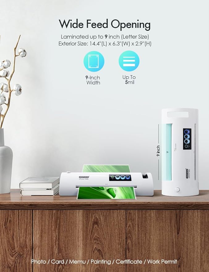Laminator Machine, SINOPUREN Laminating Machine, Thermal Lamination 9-inch Quick 1min Warm-up JamFree-Tech Personal Lamination Work with 3mil 4mil 5mil Pouches, School/Office/Home use, White