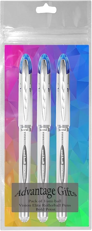 Vision Elite Rollerball Pens, Bold Point (0.8mm), Blue Ink, 3 count, Bundle with Plastic Reusable Pouch