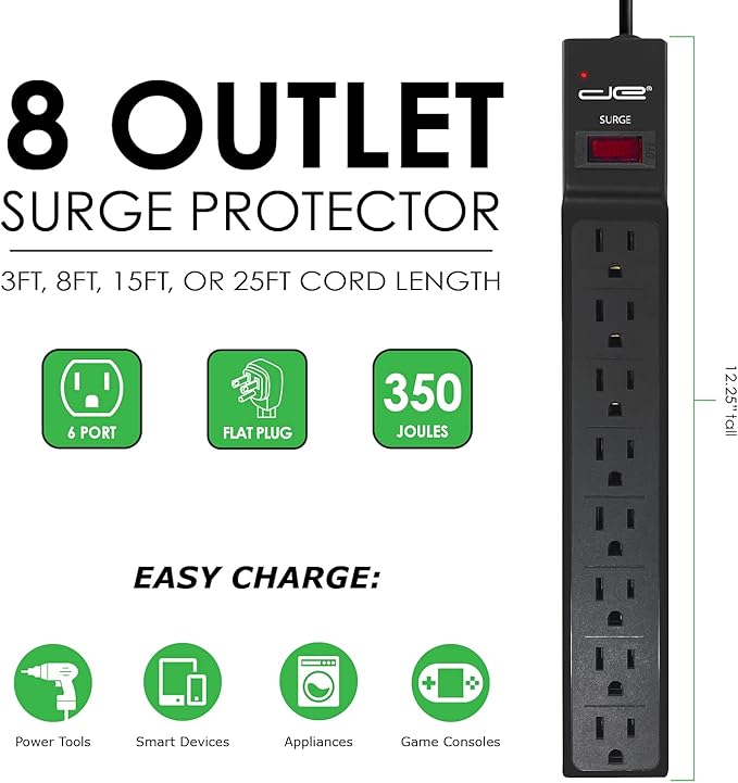 Digital Energy 8 Outlet Surge Protector Power Strip - 15 AMP, 1875 W, 125 V, 350 J Surge Protection, ETL Listed - Flat Plug, Black, 8 FT