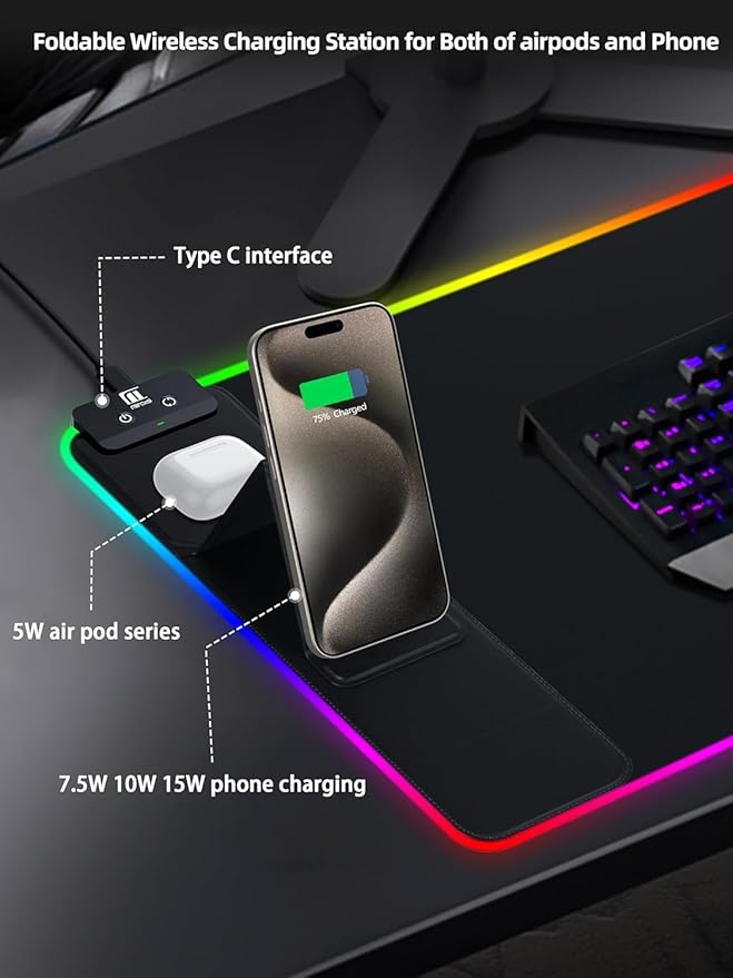 XXL Mouse Pad with Phone Holder, RGB Desk Mat with 15W Fast Charging, LED Large Gaming Mouse Pad with 11 Lights Colors, Long Mouse Pads, Waterproof Non-Slip Desk Pad for Gamer Esports Pros
