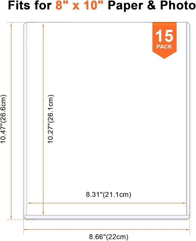 Ndsox 15 Pack 8" x 10" Rigid Print Protectors Clear Hard Plastic Sheet Protectors Top Loading for Photographs, Photo Papers, Posters, Prints, Birth Certificates, Heavy Duty No-Hole Rigid Photo Sleeves