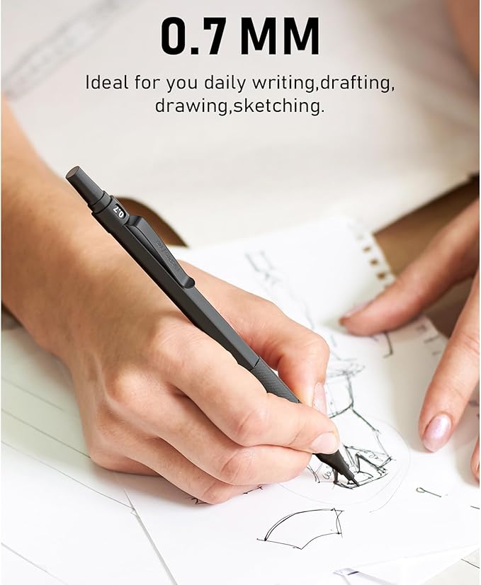 Nicpro 0.7 mm Mechanical Pencil Set with Case, 3 Metal Artist Pencil With 8 Tube HB Lead Refills, 3 Erasers, 9 Eraser Refills For Architect Art Writing Drafting Drawing, Engineering, Sketching, Black