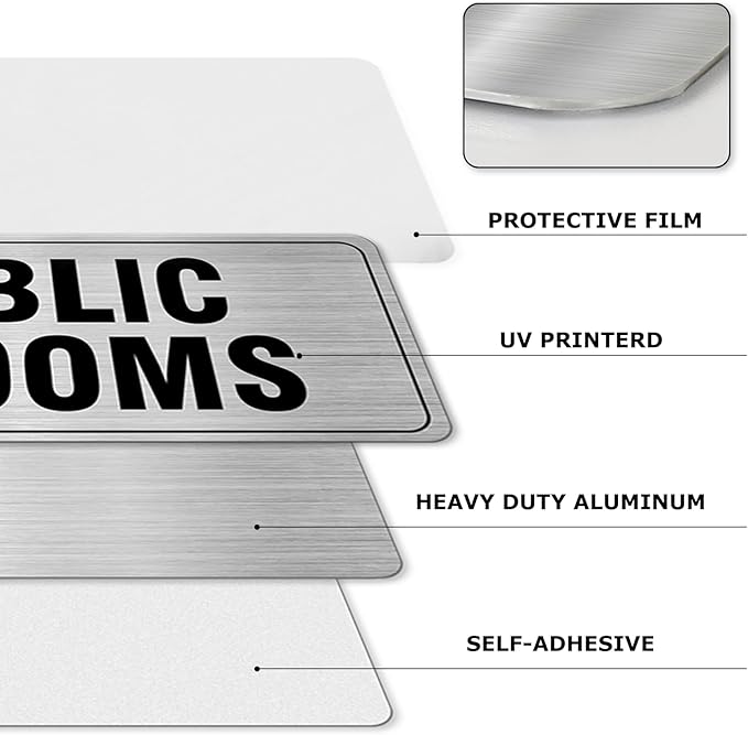 No Public Restrooms Sign Aluminum Silver 9 x 3 Inches Self-Adhesive Waterproof Metal Door Wall Sign for Business Offices 4 Pack