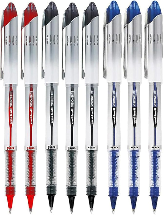 Vision Elite Rollerball Pens, Bold Point (0.8mm), Black/Blue/Red Ink, 8 count, Bundle with Plastic Reusable Pouch
